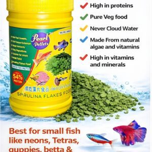 Pearl Pellets Spirulina Flakes Fish Food 54% High Protein 40grams | Pure Veg Natural Algae Formula for Guppy, Betta, Tetra, Neon & Small Aquarium Fish